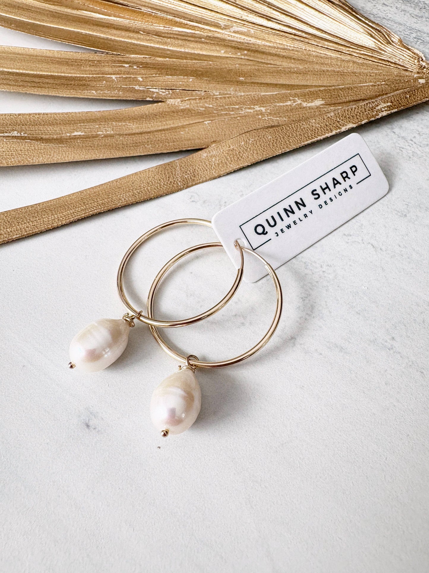 Gold Filled Medium Endless Hoops Freshwater Pearl Drop