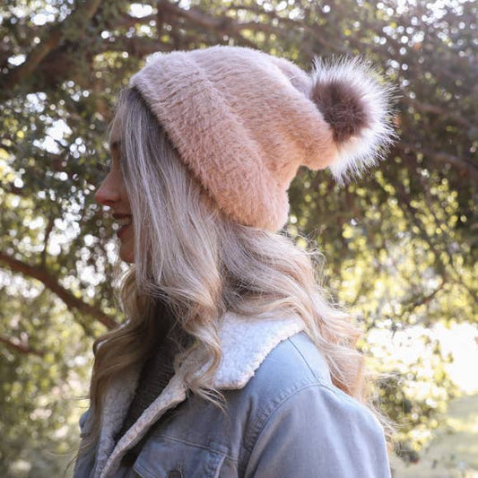 Faux Mohair Beanie w/ Pom