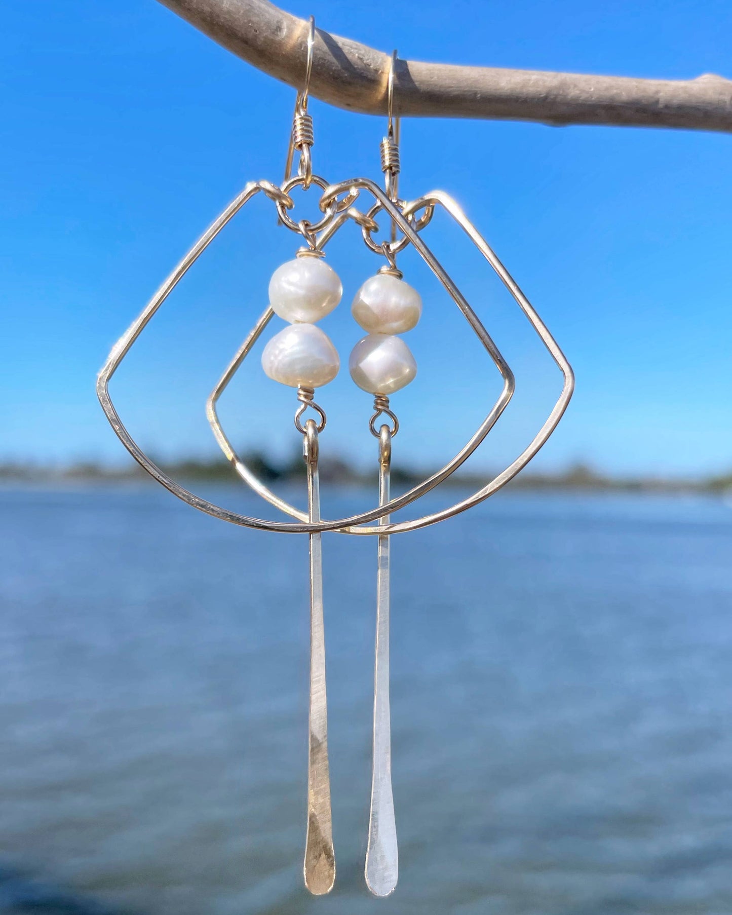 Double Pearl Nugget Fan Hoops | 14kt Gold Filled, Sterling