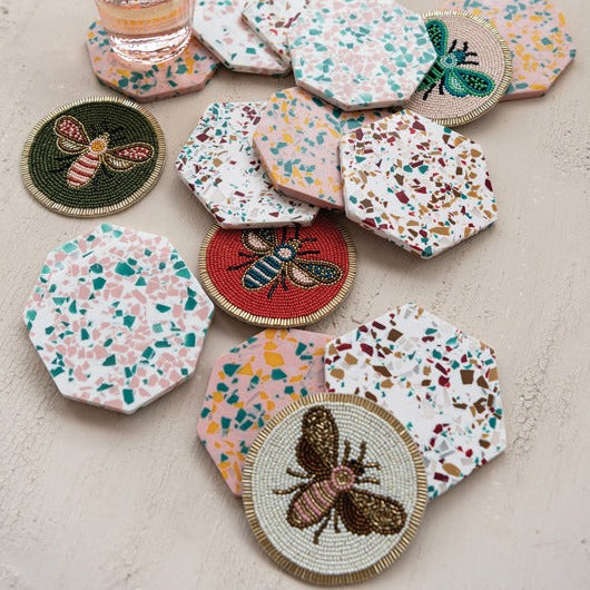 S/4 Beaded Glass Coasters w/ Insects