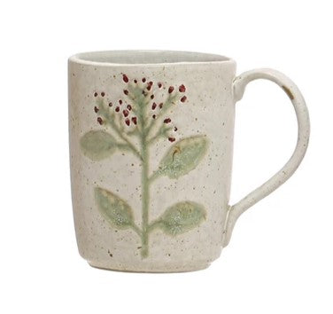 Hand-Painted Botanical Stoneware Mugs