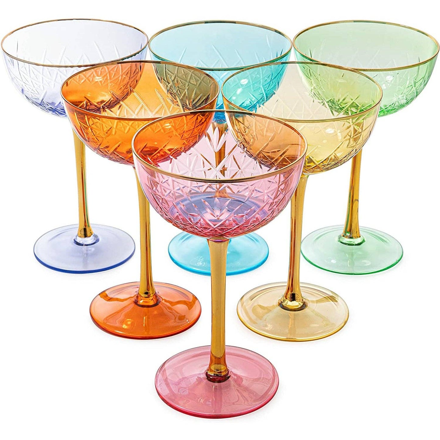 Colored Coupe Art Deco Glasses w/ Gold Rim