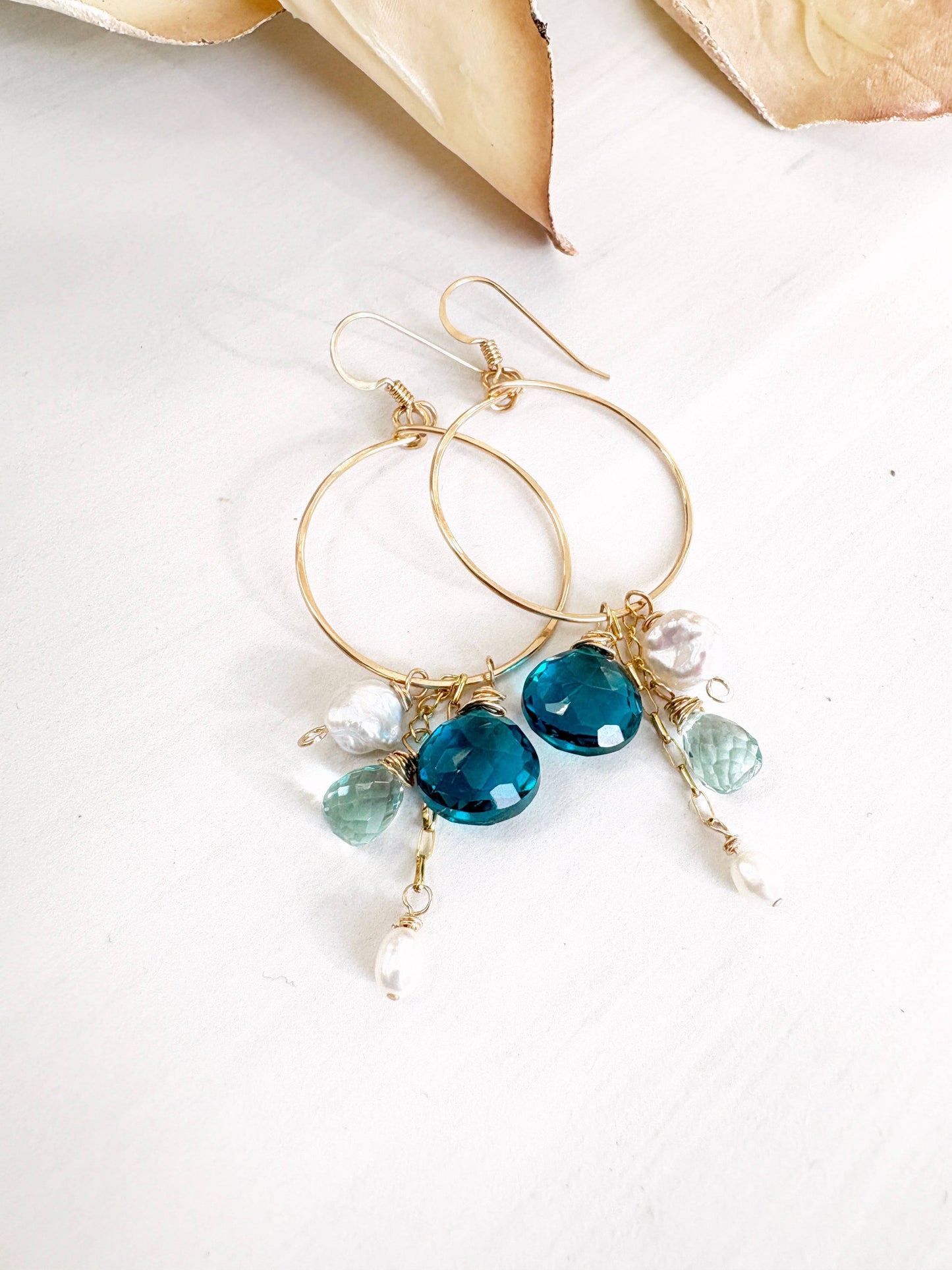 Teal Quartz Gemstone Freshwater Pearl Cluster Hoops