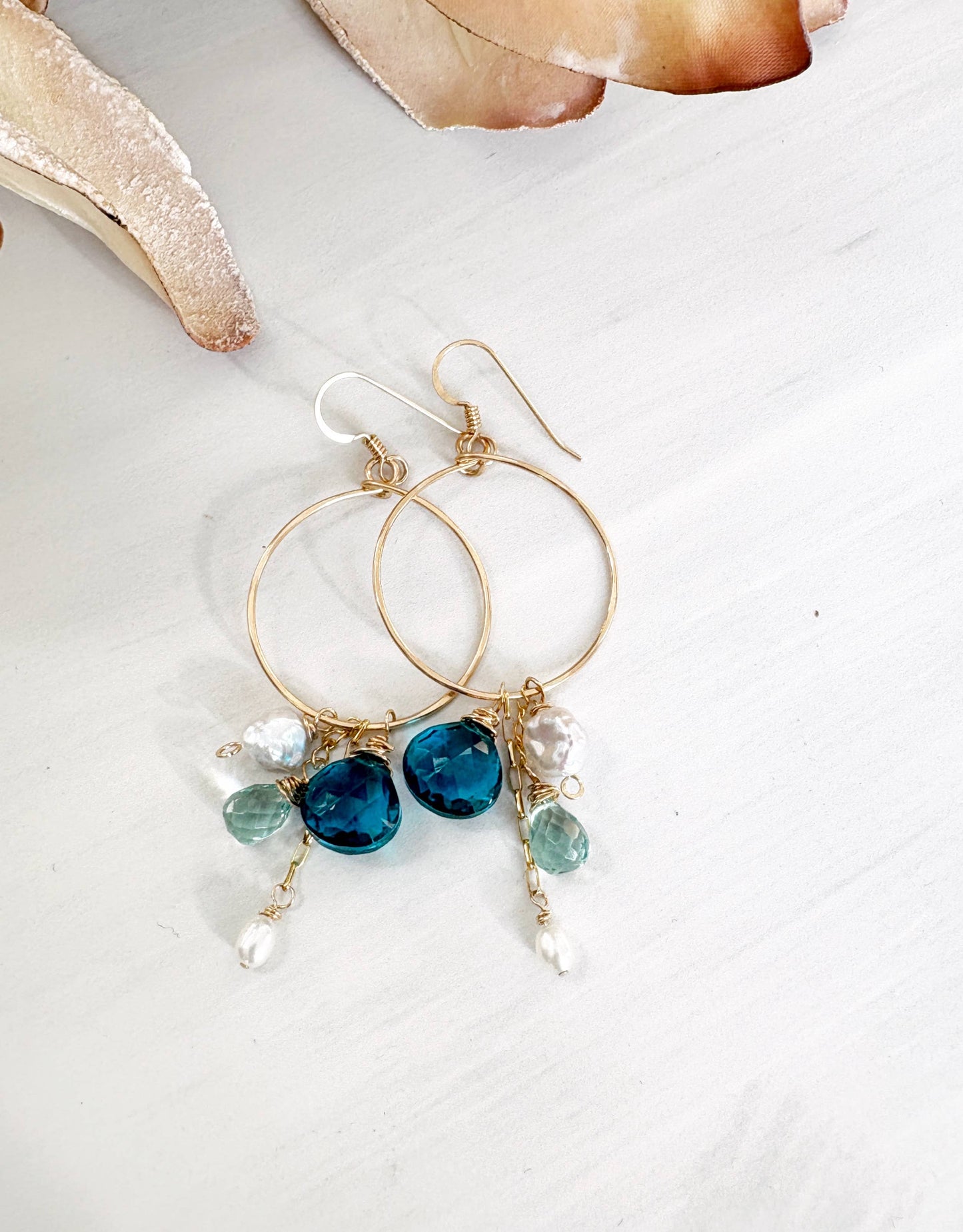 Teal Quartz Gemstone Freshwater Pearl Cluster Hoops