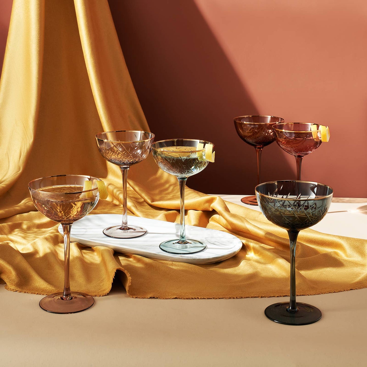 Colored Coupe Art Deco Glasses w/ Gold Rim