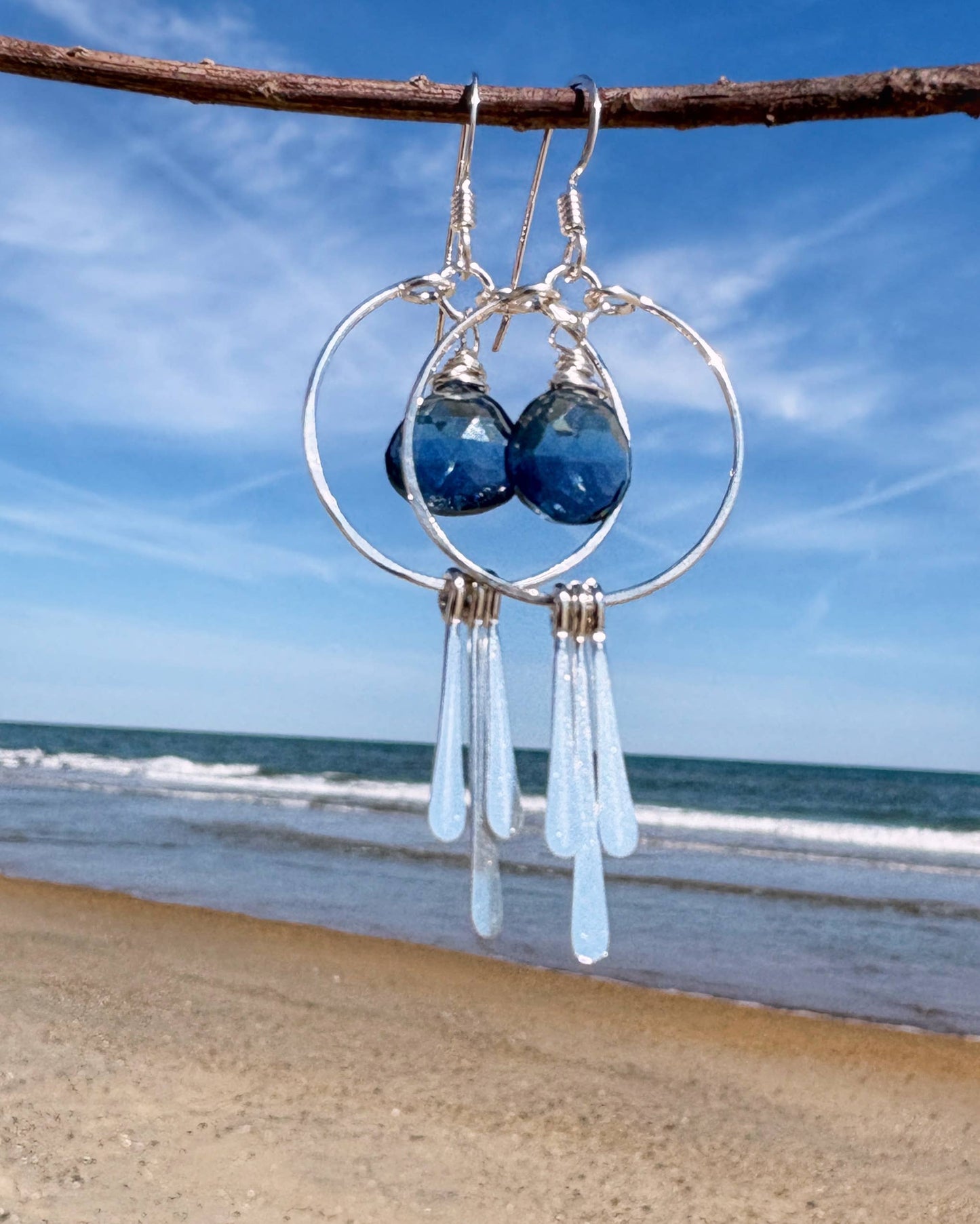 Small Circle Hoops Rose Quartz/Blue Topaz Triple Fringe