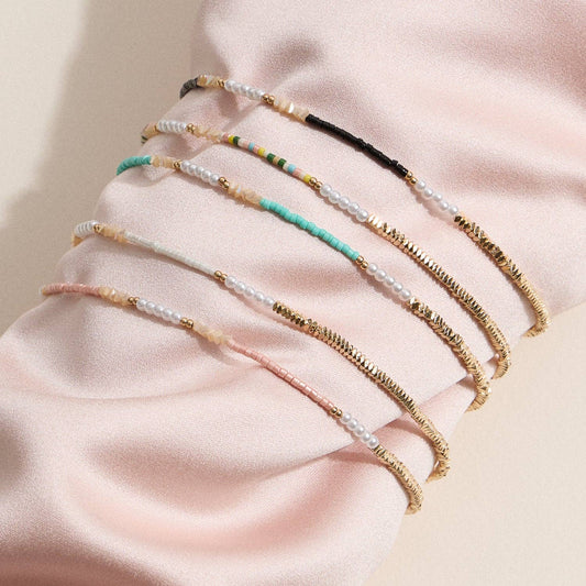 Beaded Anklets w/ Pearls + Gold Accents