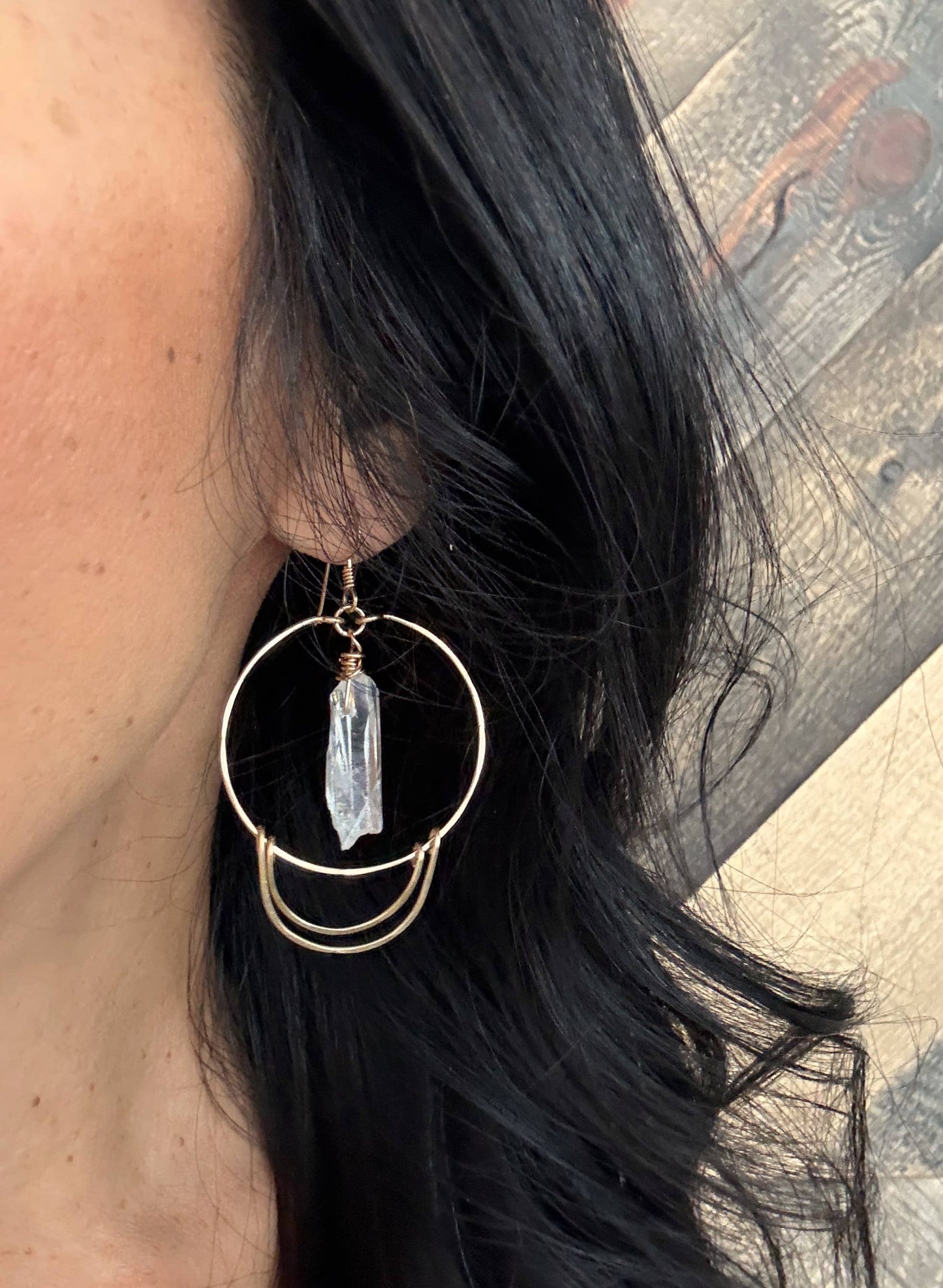 Double Crescent Quartz Crystal Hoop Earrings | Gold Filled
