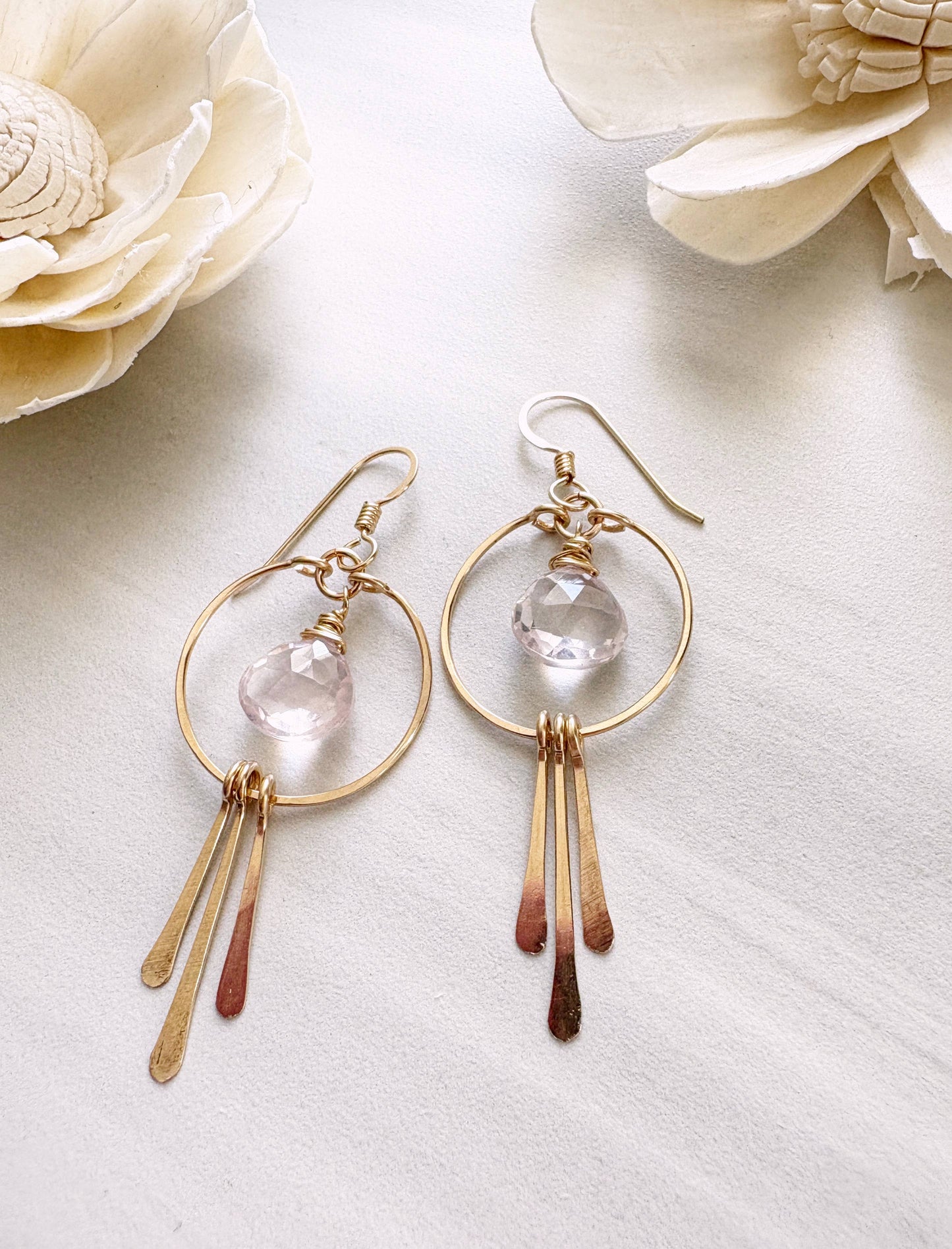 Small Circle Hoops Rose Quartz/Blue Topaz Triple Fringe