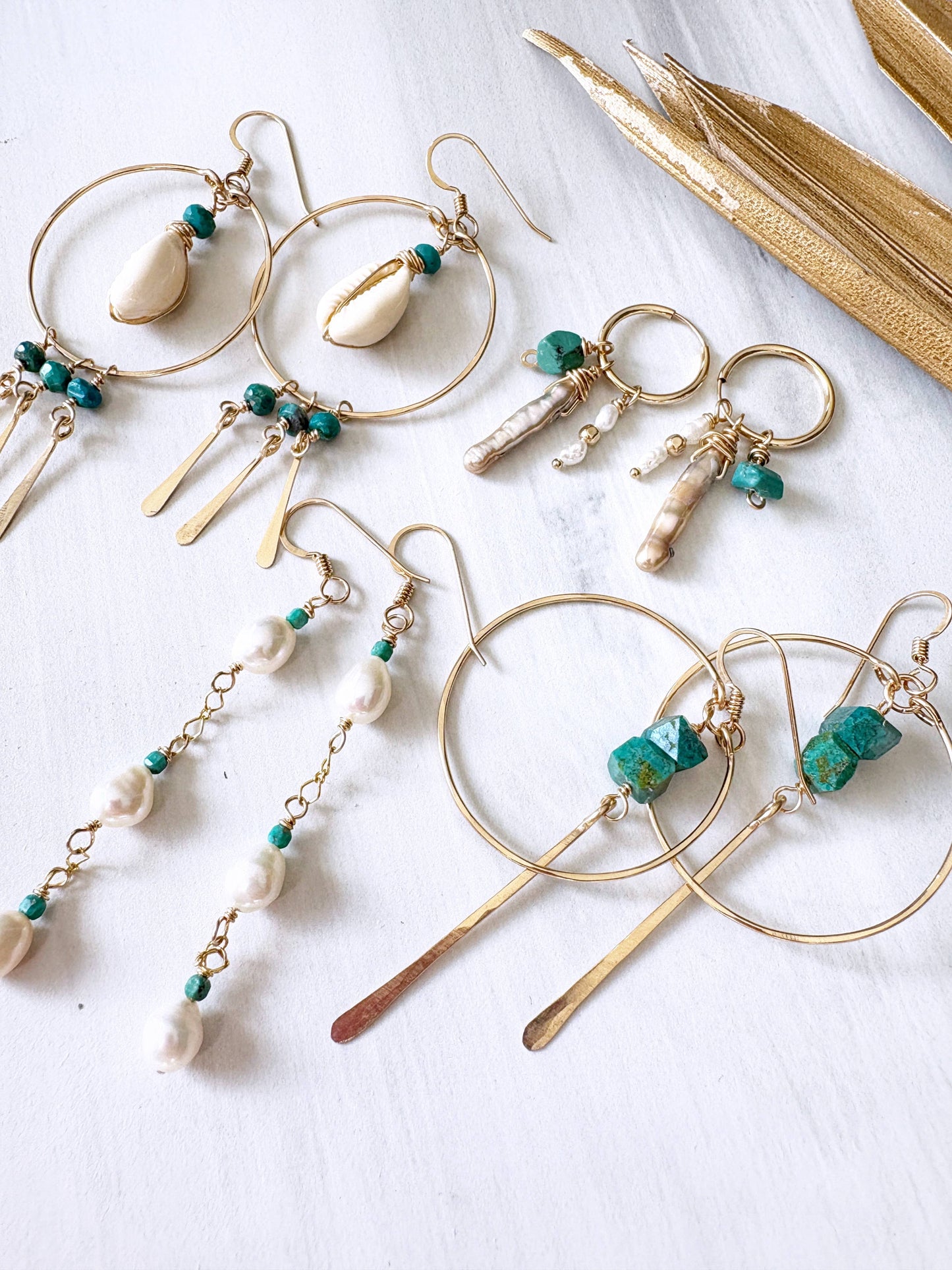 Triple Freshwater Pearl + Turquoise Boho Dangle Earrings