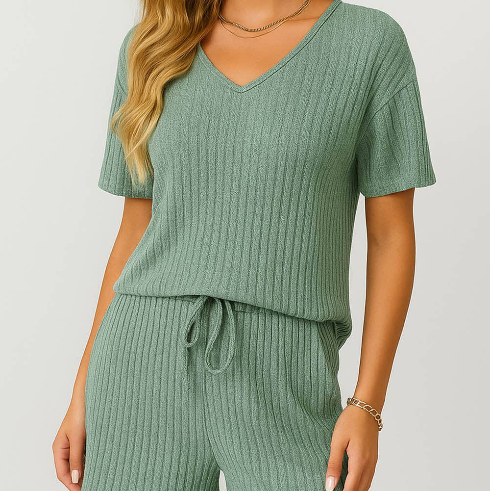 Ribbed Knit V-Neck Short Set