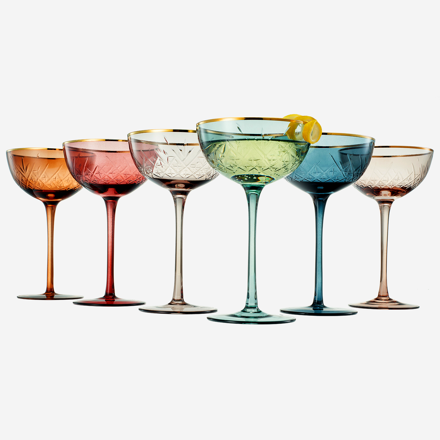 Colored Coupe Art Deco Glasses w/ Gold Rim