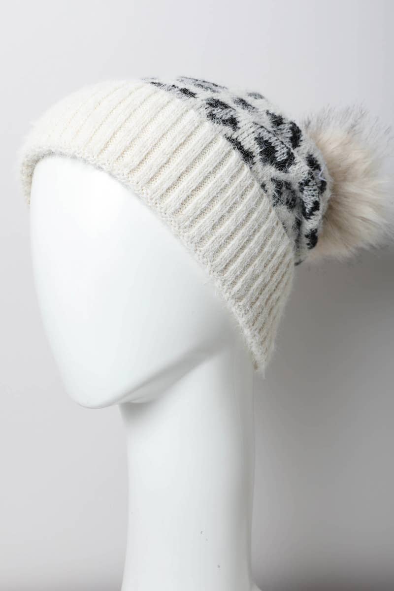 Leopard Knit Beanies w Pom
