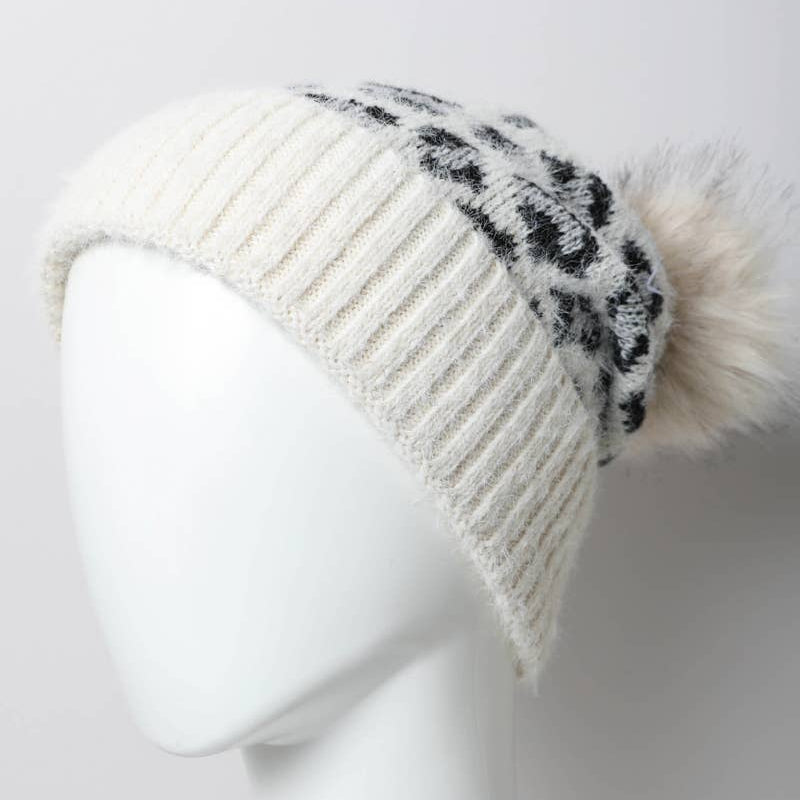 Leopard Knit Beanies w Pom