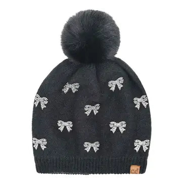 Mini Bling Bow Pom Pom Beanies