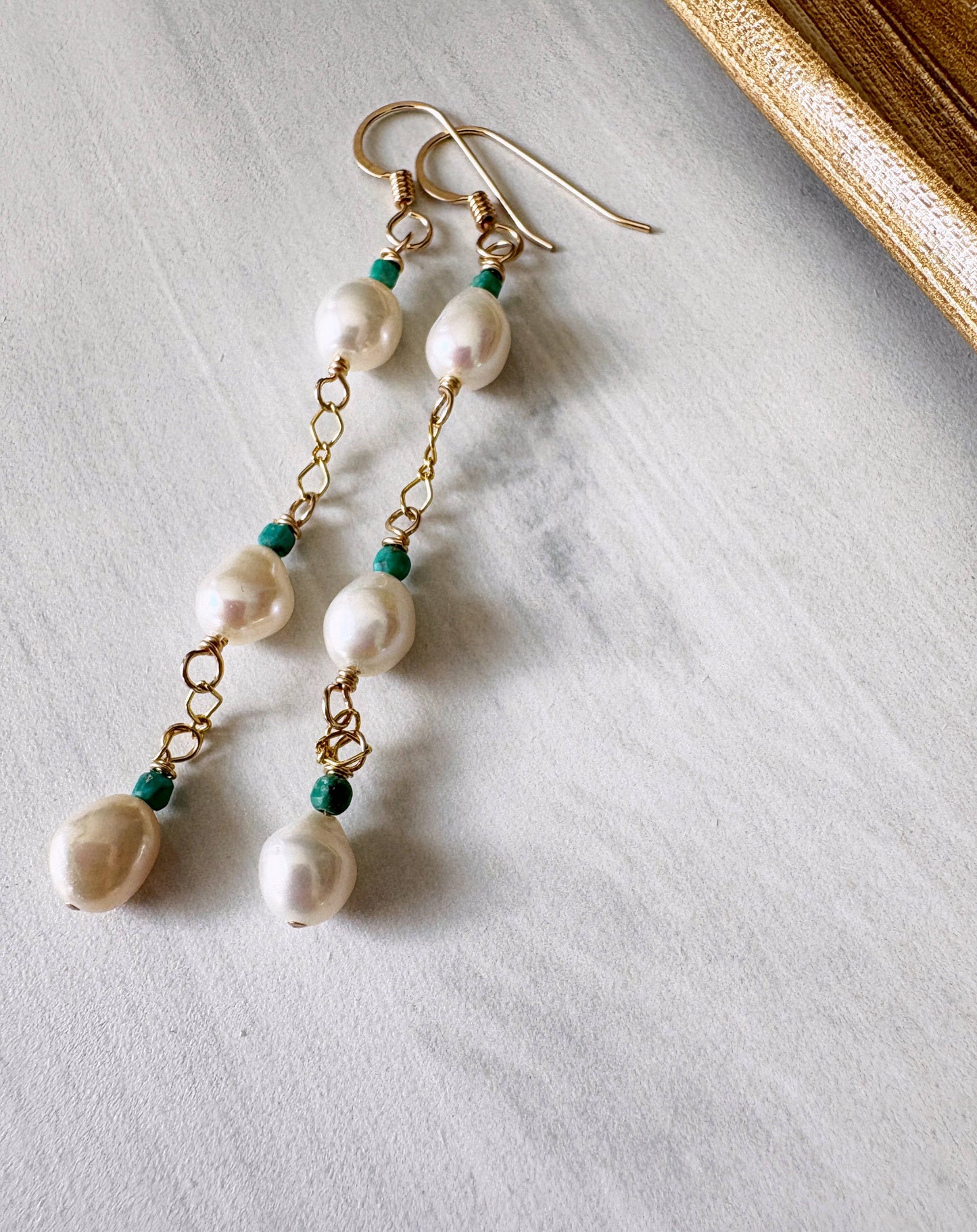 Triple Freshwater Pearl + Turquoise Boho Dangle Earrings