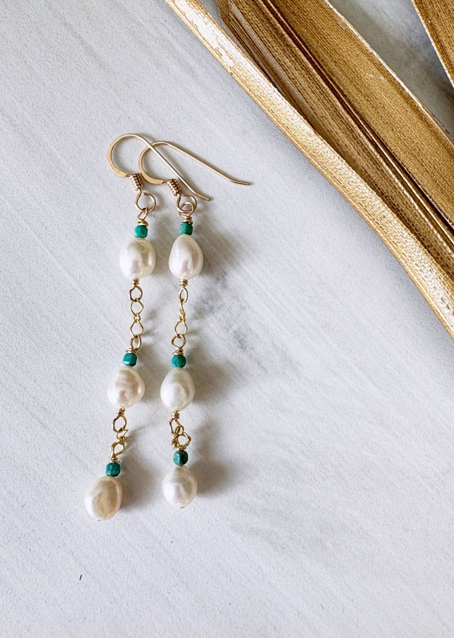 Triple Freshwater Pearl + Turquoise Boho Dangle Earrings