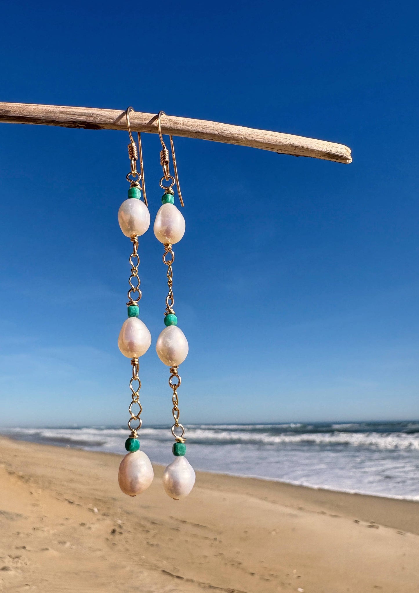 Triple Freshwater Pearl + Turquoise Boho Dangle Earrings