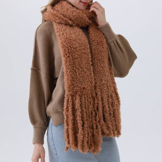 Plush Boucle Knit Scarf w/ Fringe