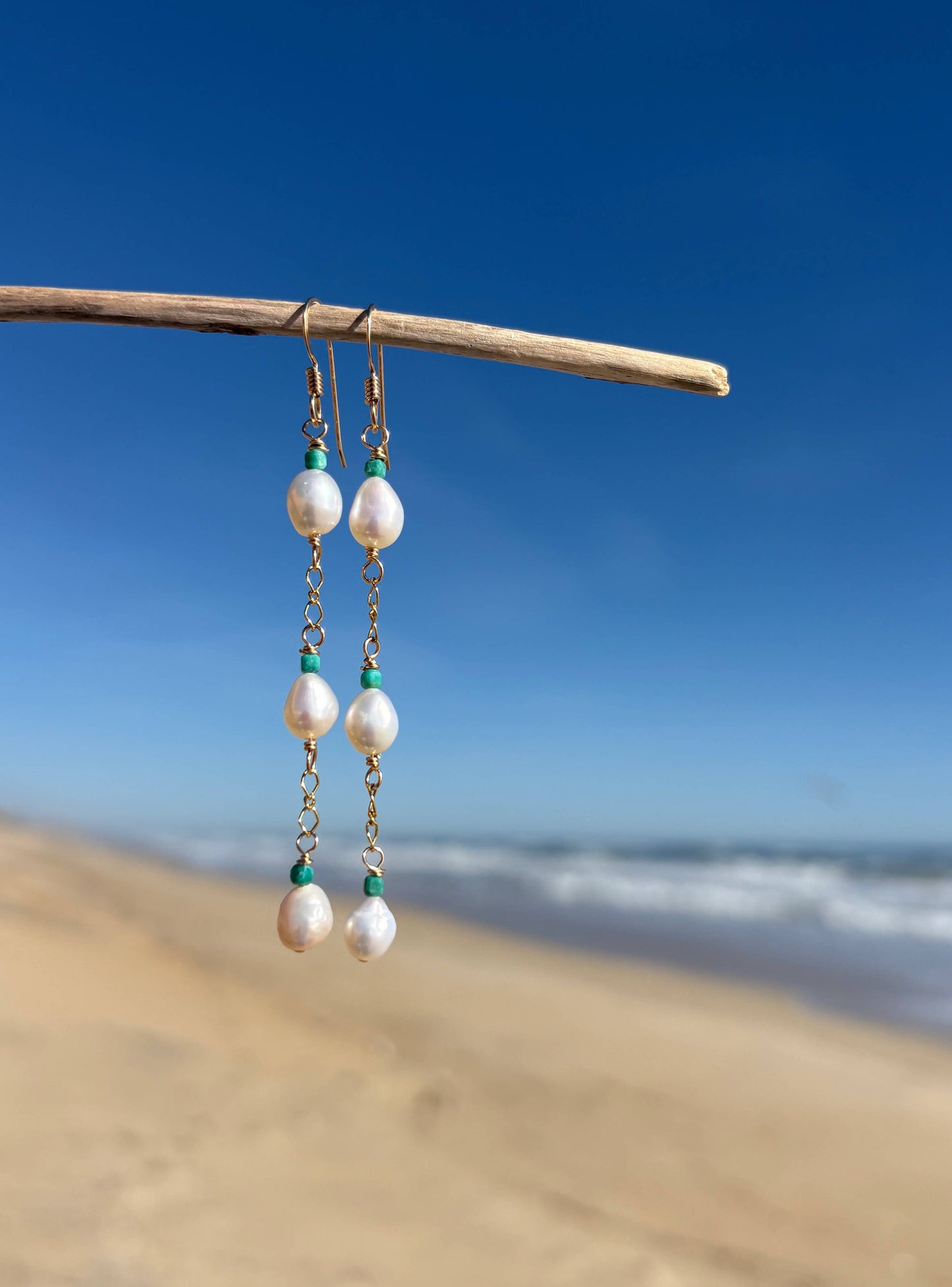 Triple Freshwater Pearl + Turquoise Boho Dangle Earrings