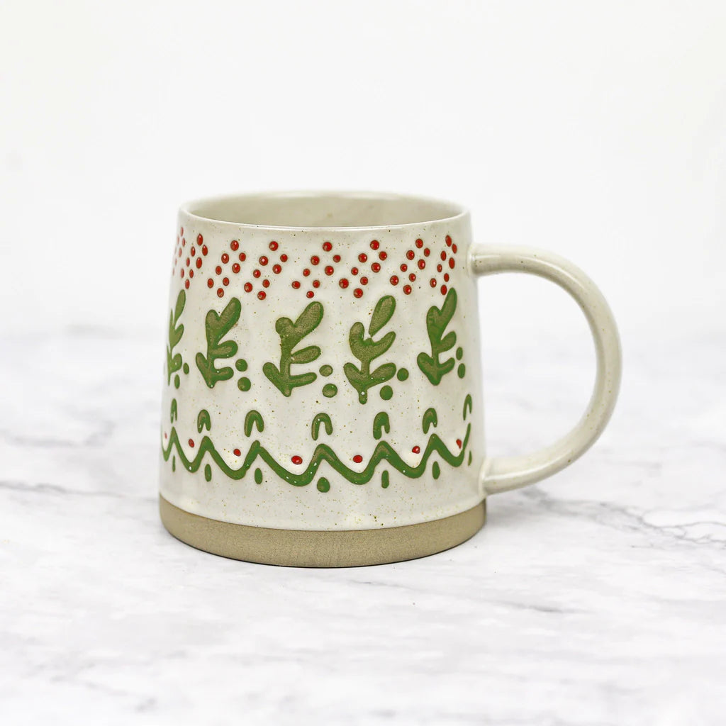 Hand-Stamped Stoneware Holiday Mugs