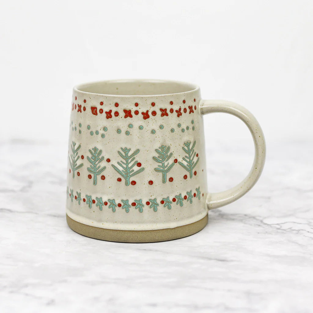 Hand-Stamped Stoneware Holiday Mugs