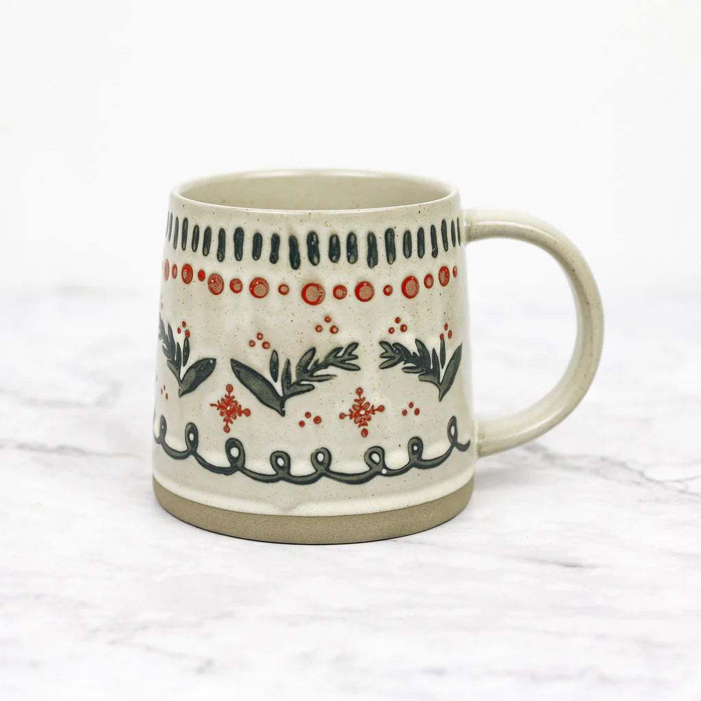 Hand-Stamped Stoneware Holiday Mugs