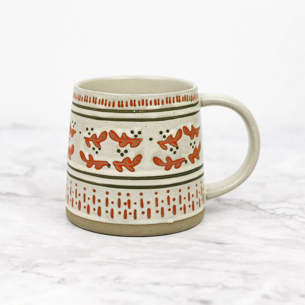 Hand-Stamped Stoneware Holiday Mugs