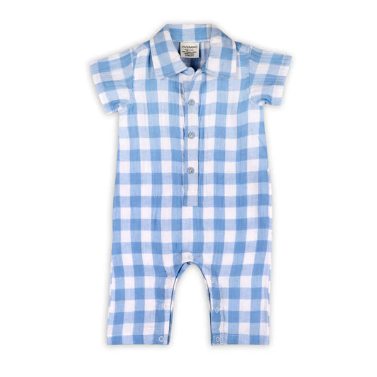 August Blue Gingham Cargo Romper