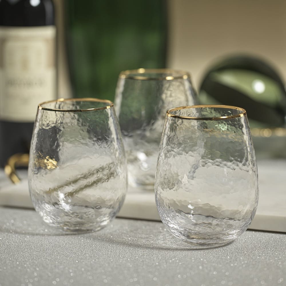 Negroni Hammered Glassware Collection w/ Gold Rim