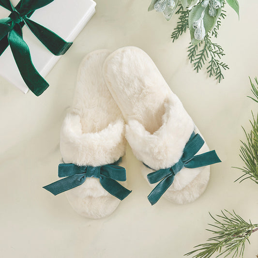 Forest Green Velvet Bow Slippers