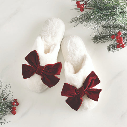 Plush Red Velvet Bow Slippers