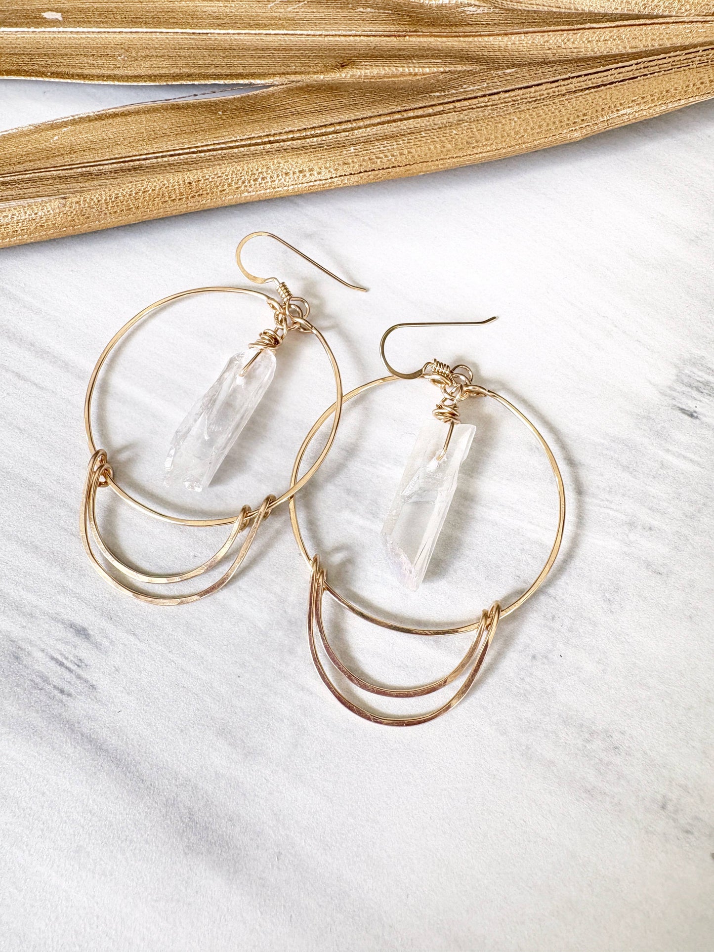Double Crescent Quartz Crystal Hoop Earrings | Gold Filled