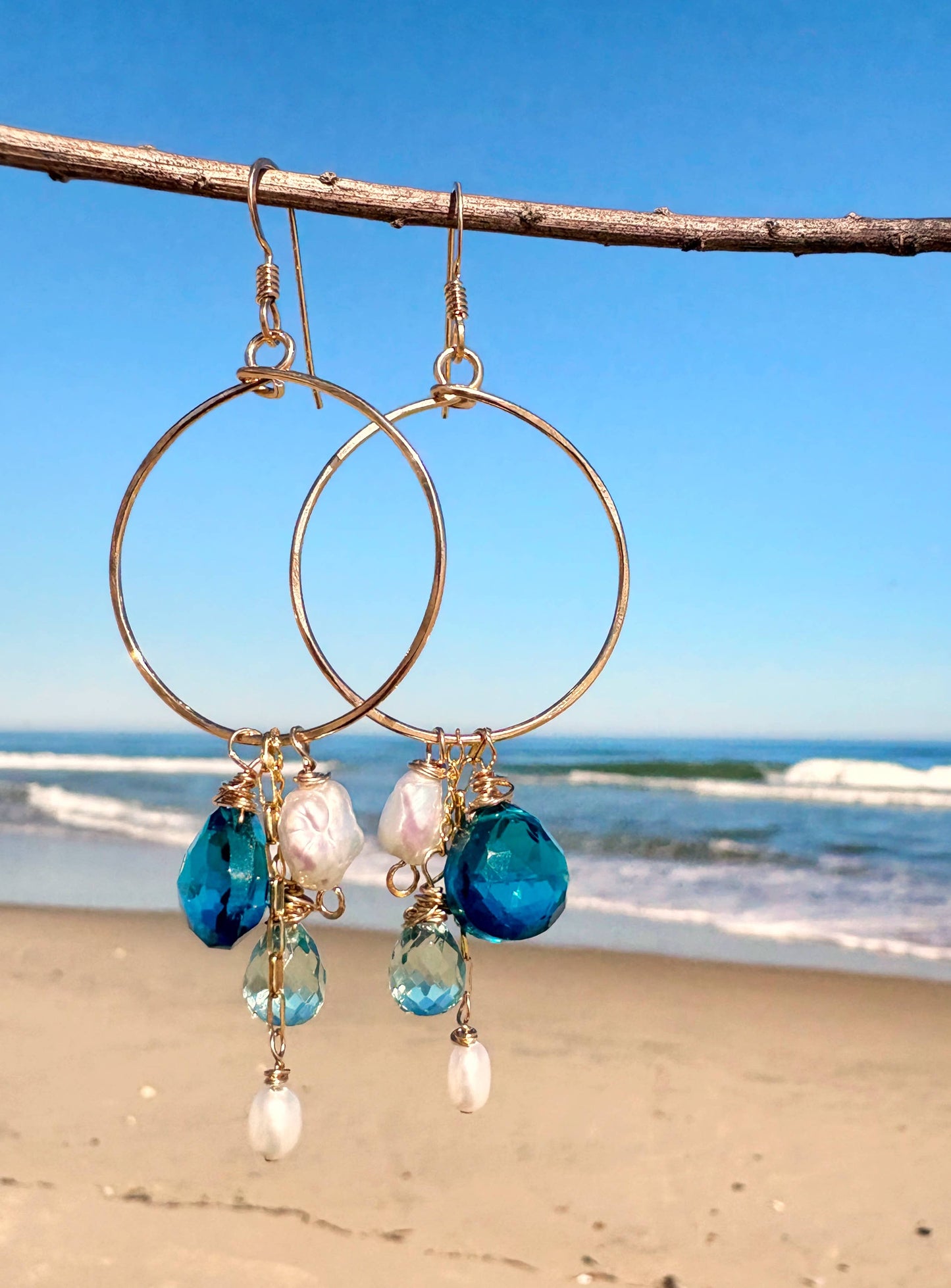 Teal Quartz Gemstone Freshwater Pearl Cluster Hoops