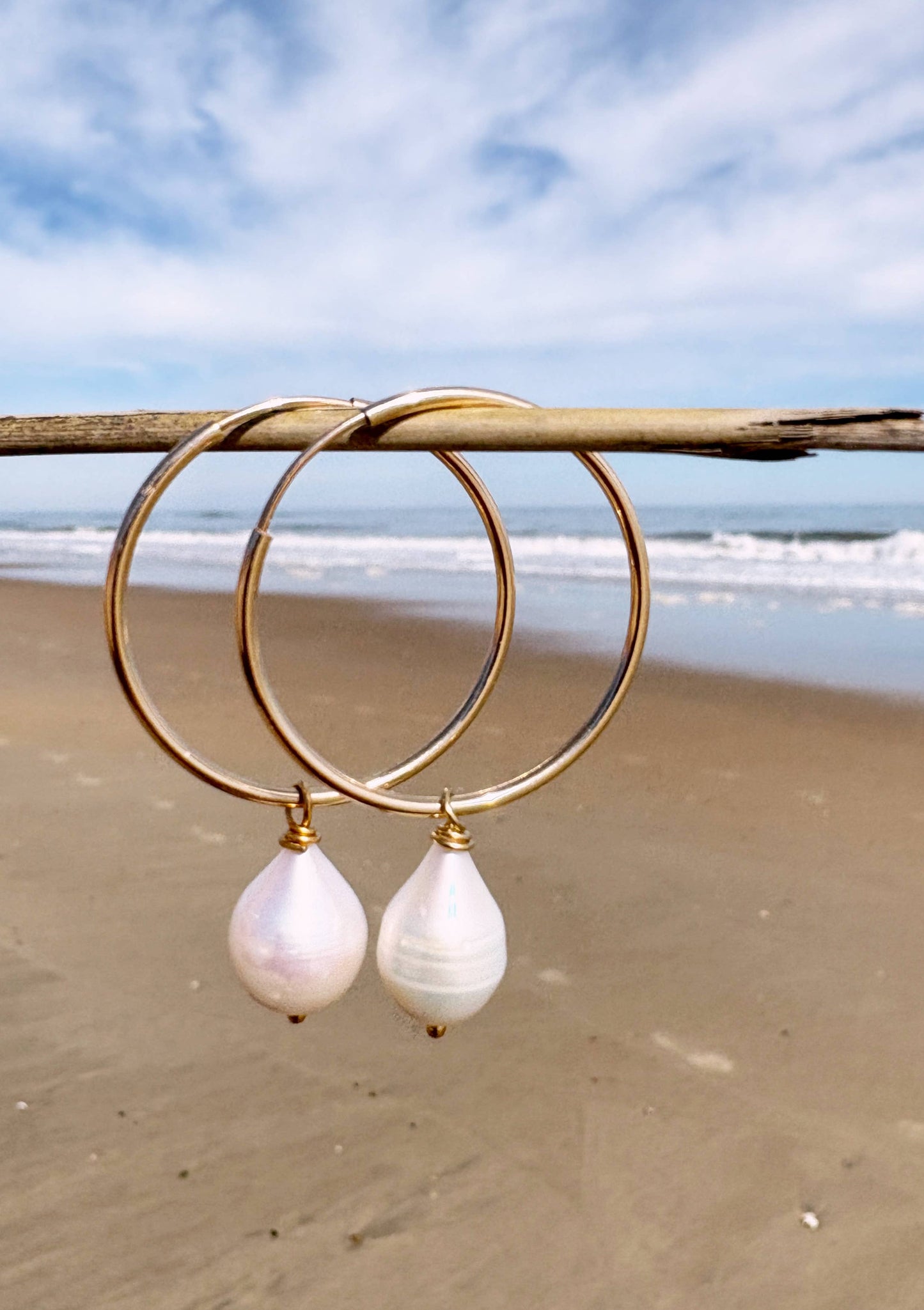 Gold Filled Medium Endless Hoops Freshwater Pearl Drop