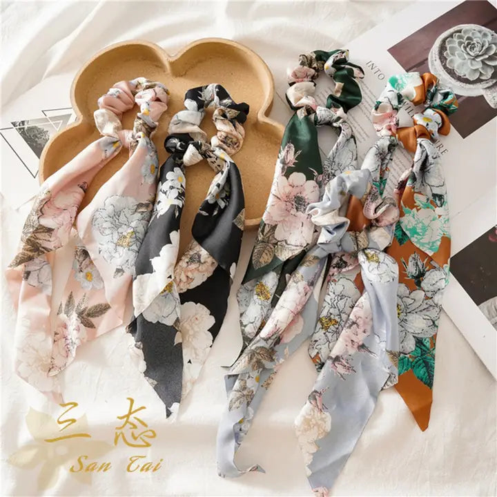 Silk Floral Bow Scrunchies