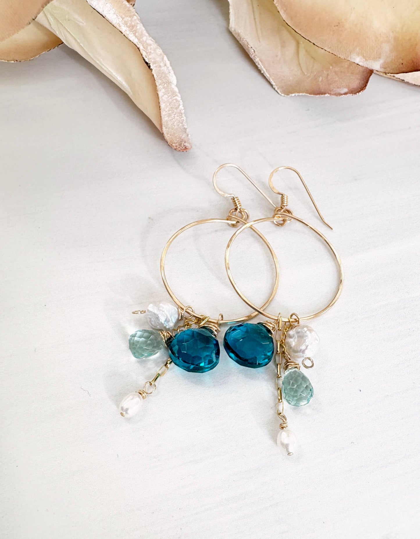 Teal Quartz Gemstone Freshwater Pearl Cluster Hoops