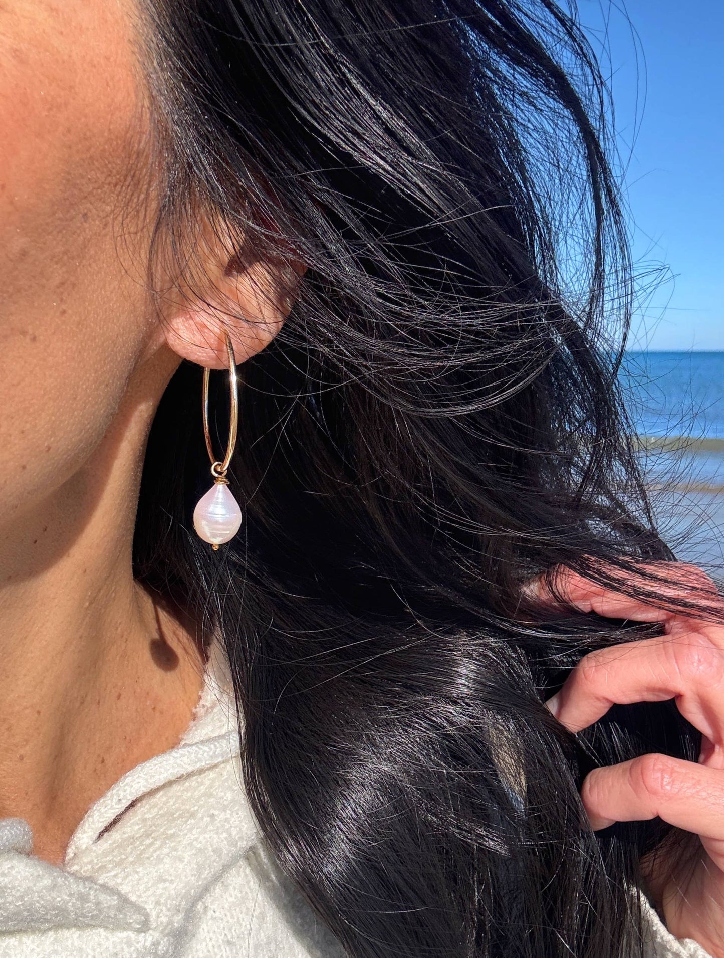 Gold Filled Medium Endless Hoops Freshwater Pearl Drop