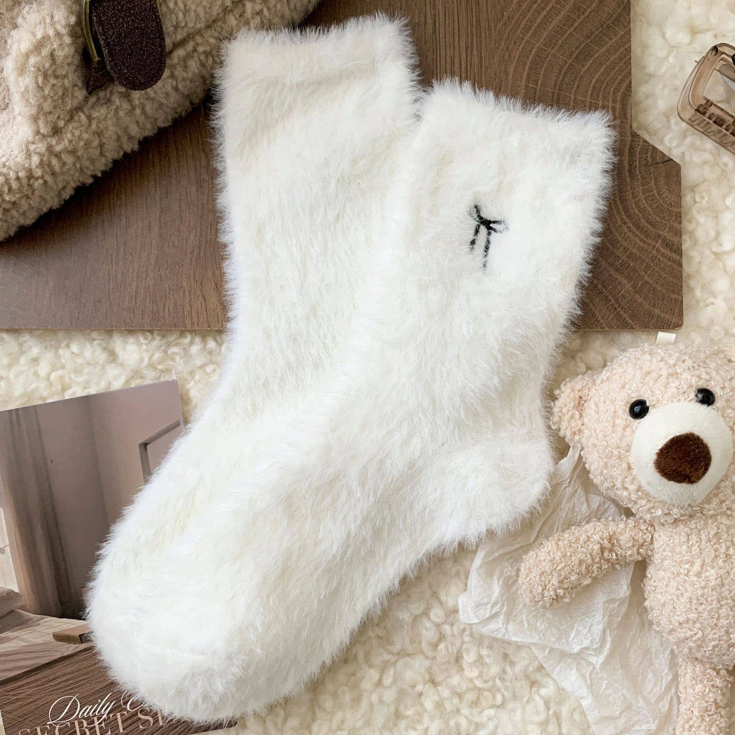 Bow Embroidered Fuzzy Crew Socks