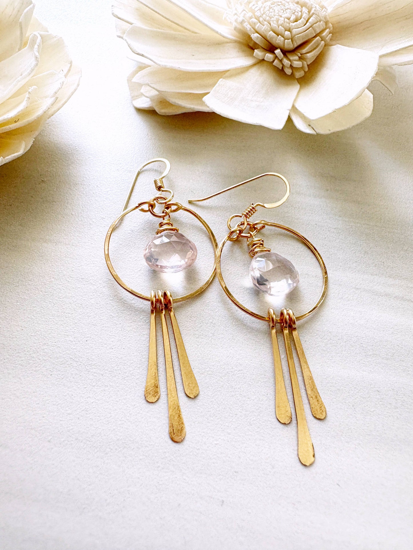 Small Circle Hoops Rose Quartz/Blue Topaz Triple Fringe