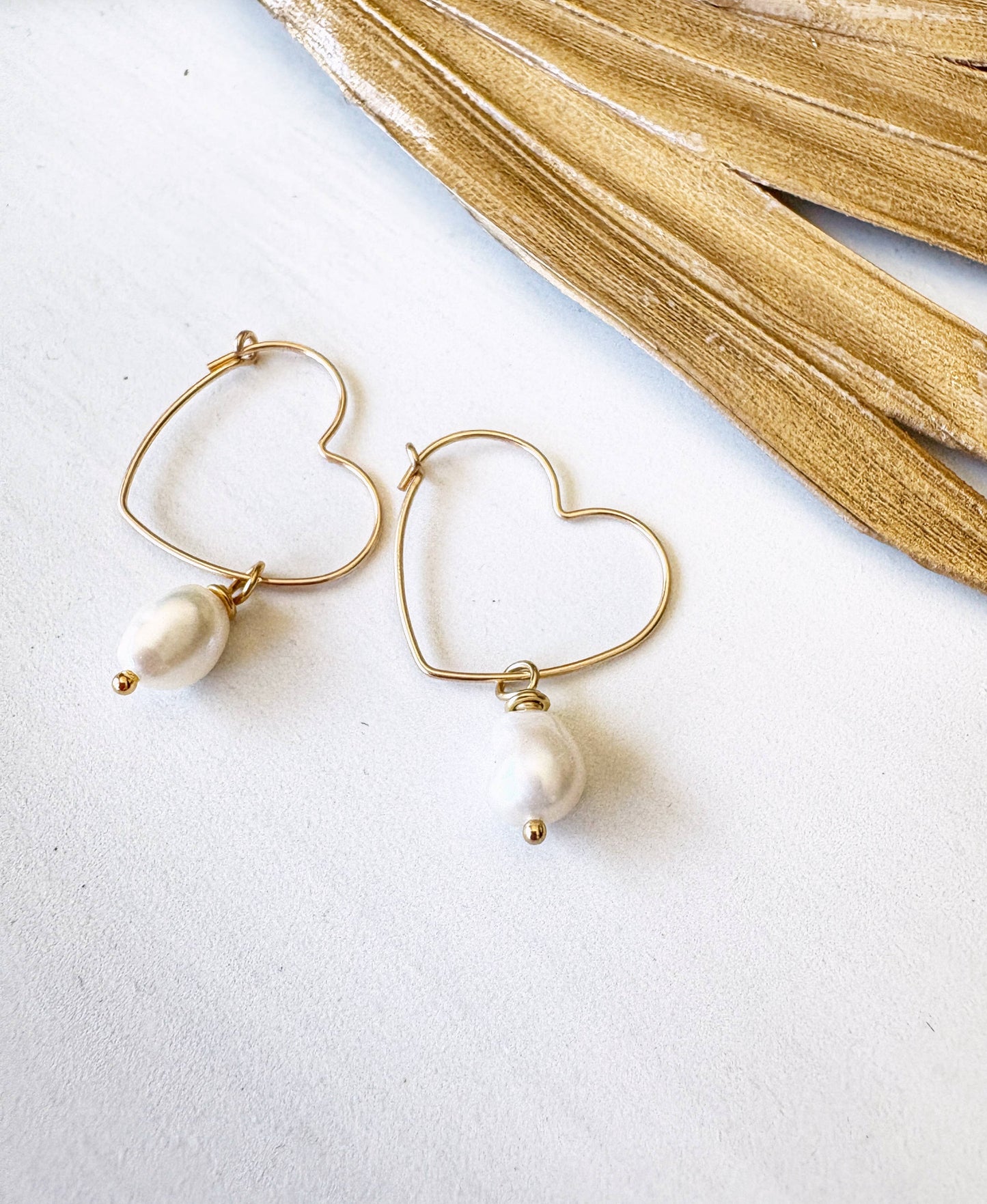 Gold Filled Heart Hoops Freshwater Pearl Drop | Valentine