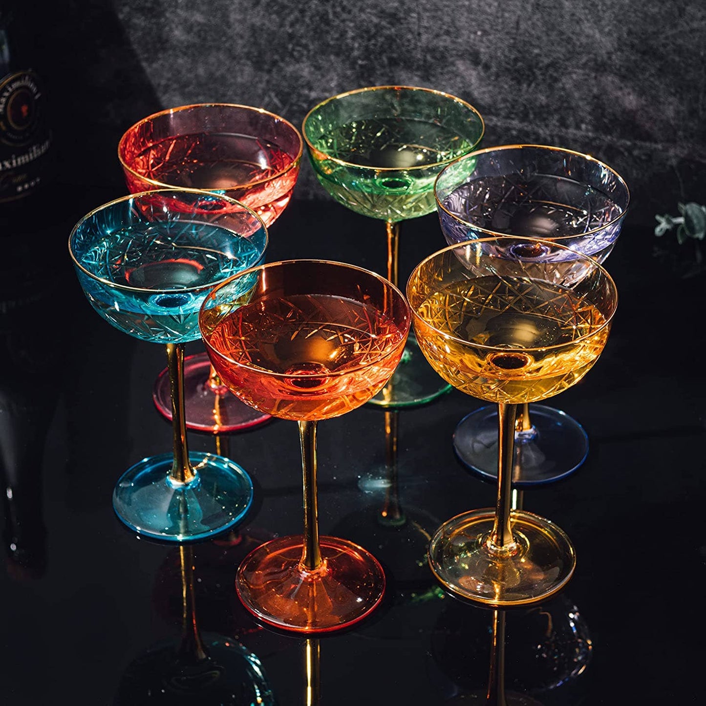 Colored Coupe Art Deco Glasses w/ Gold Rim