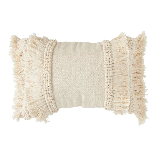 Cotton & Chenille Woven Cream Lumbar Pillow w/ Fringe