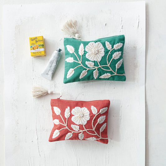 Cotton Pouch w/ Embroidered Flower