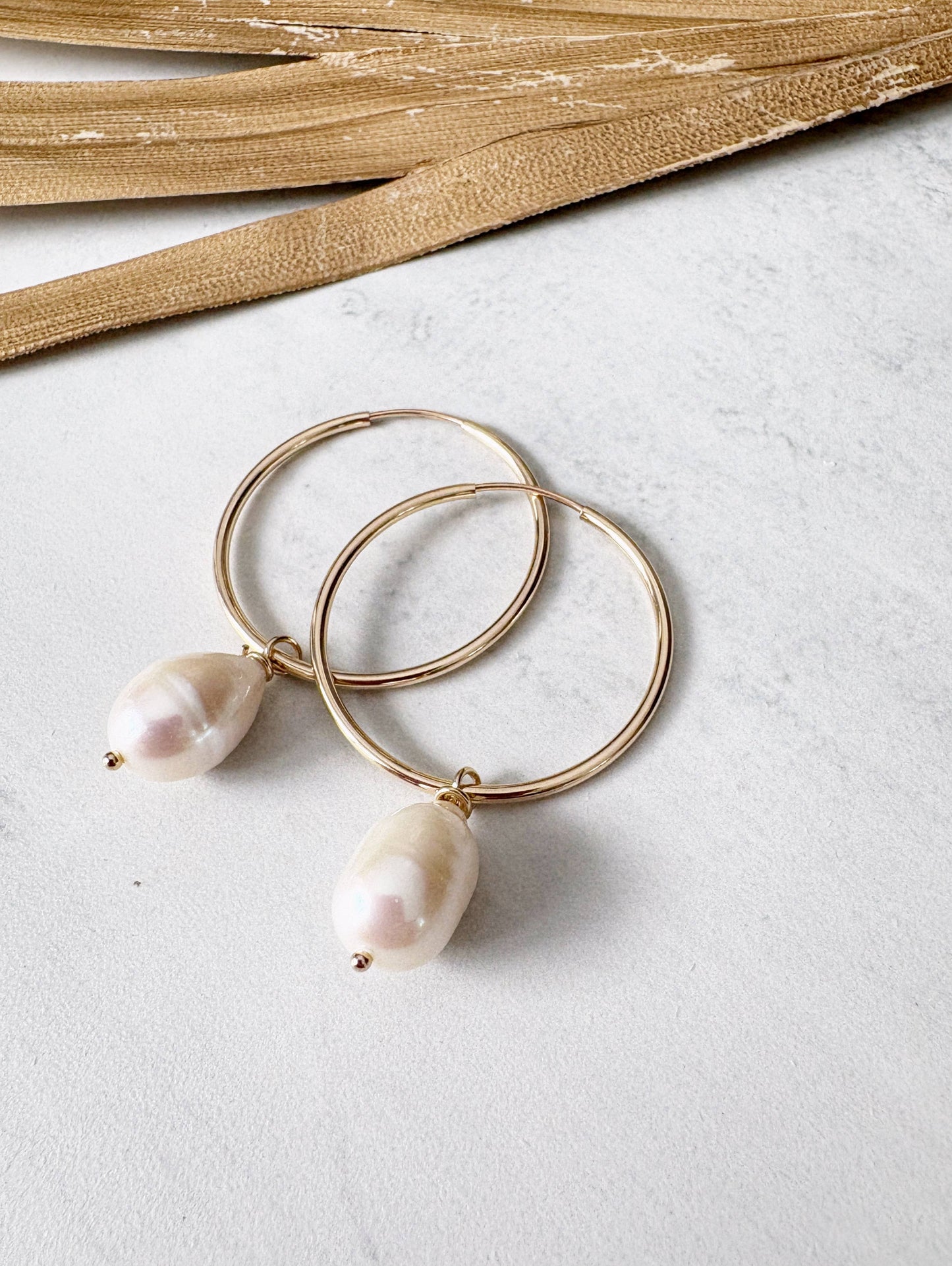Gold Filled Medium Endless Hoops Freshwater Pearl Drop