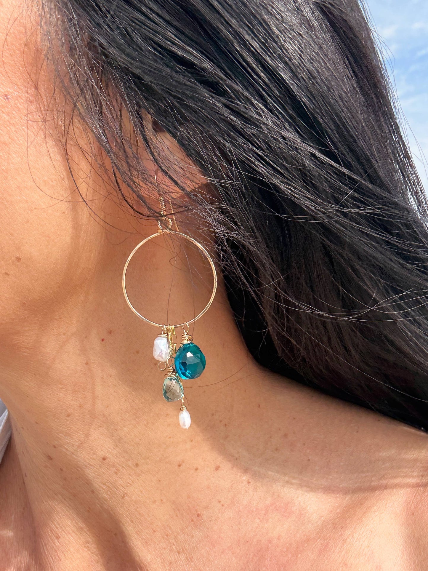 Teal Quartz Gemstone Freshwater Pearl Cluster Hoops