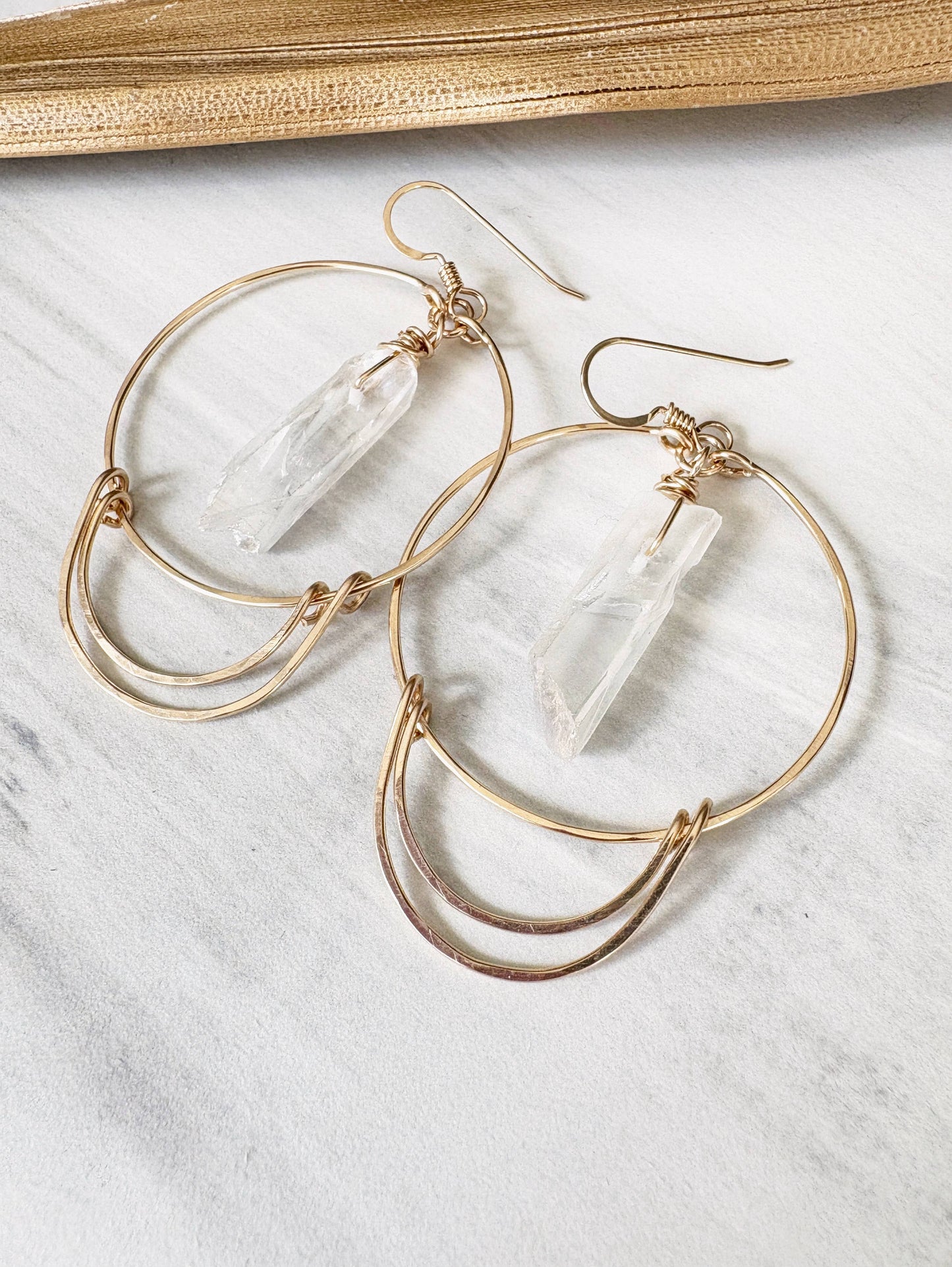 Double Crescent Quartz Crystal Hoop Earrings | Gold Filled