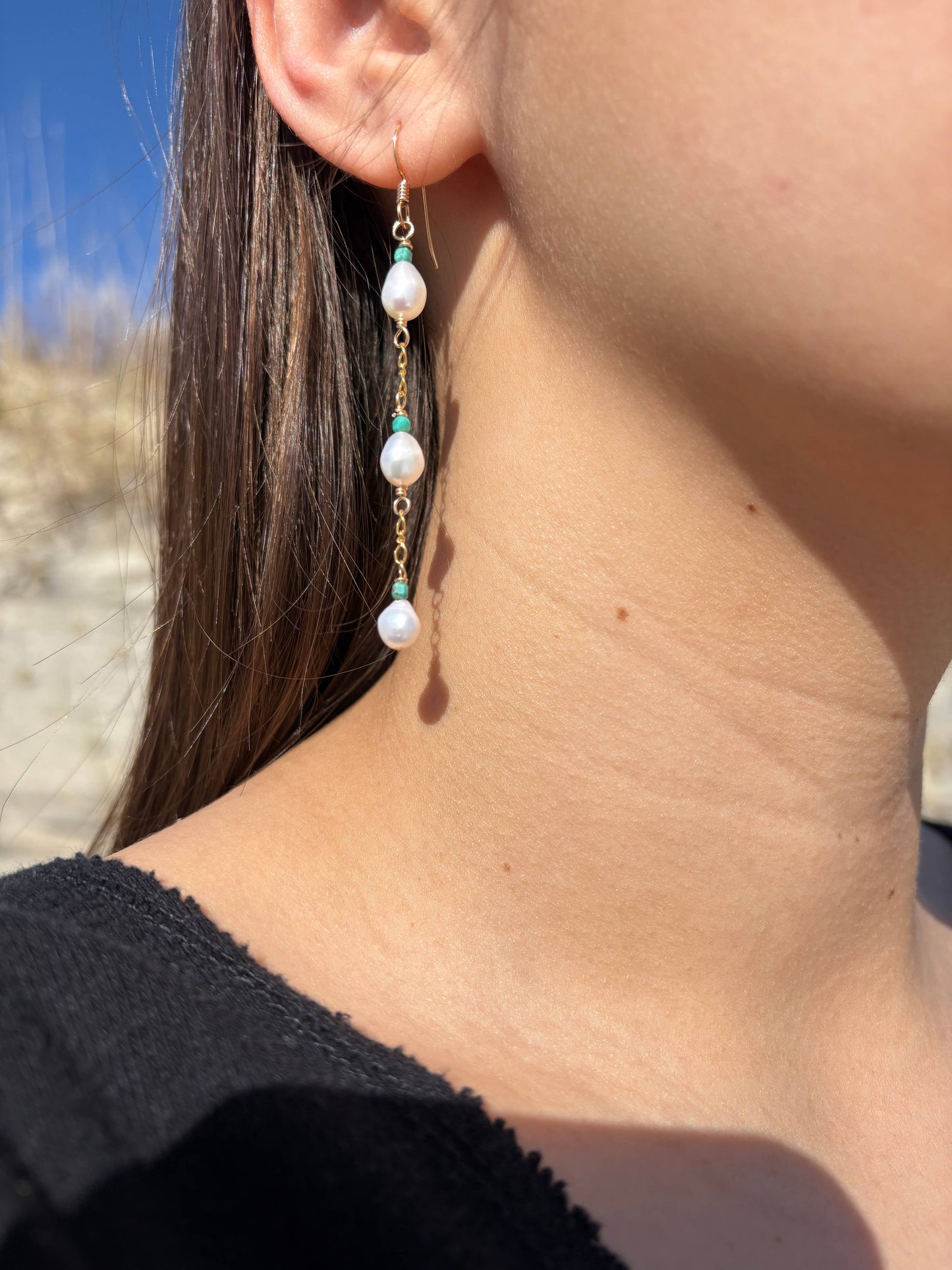 Triple Freshwater Pearl + Turquoise Boho Dangle Earrings