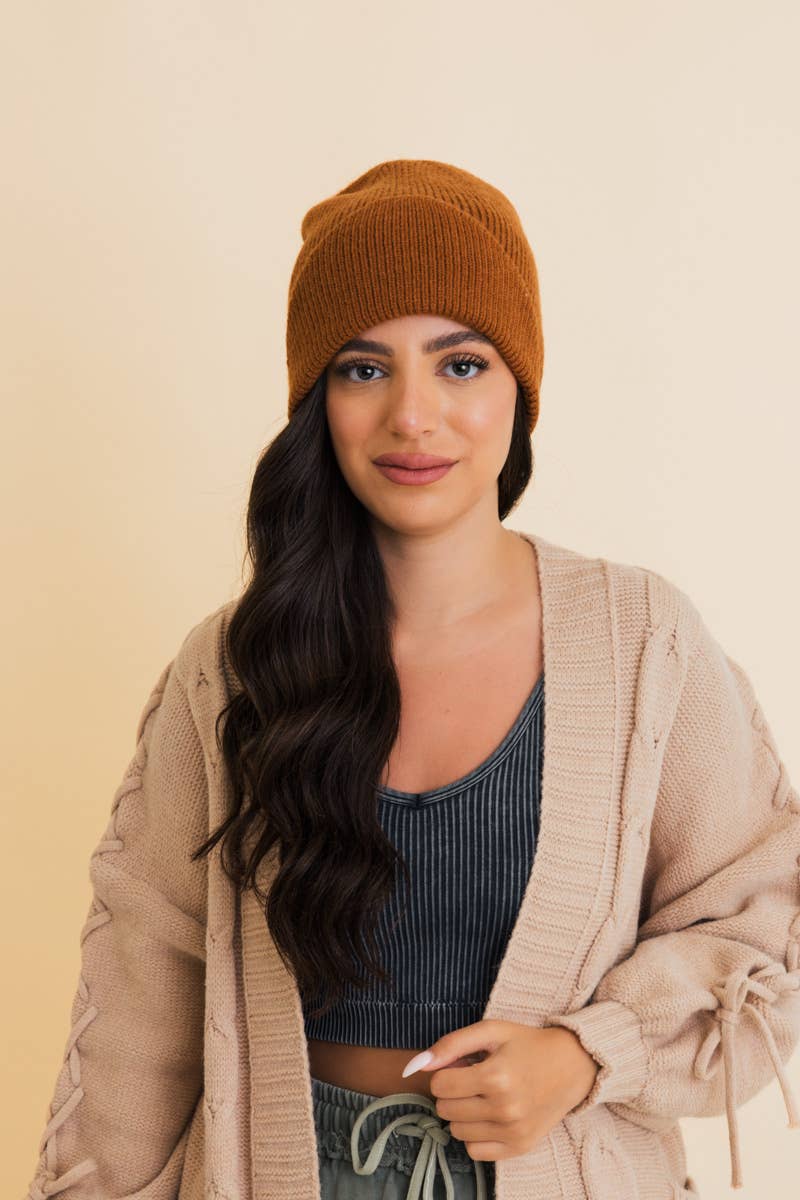 Front Fold Detail Ribbed Knit Beanie