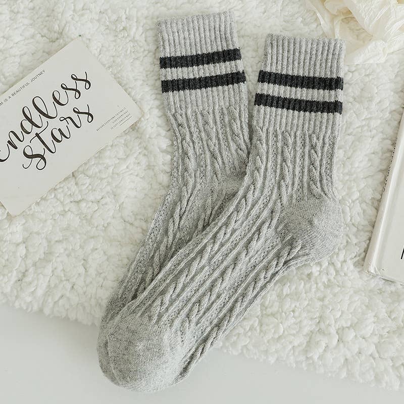 Striped Cuff Cable Knit Crew Socks
